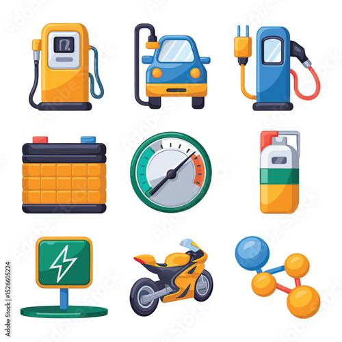 vector icons to vehicle fueling and charging a gasoline pump, an electric vehicle plug hydrogen mole