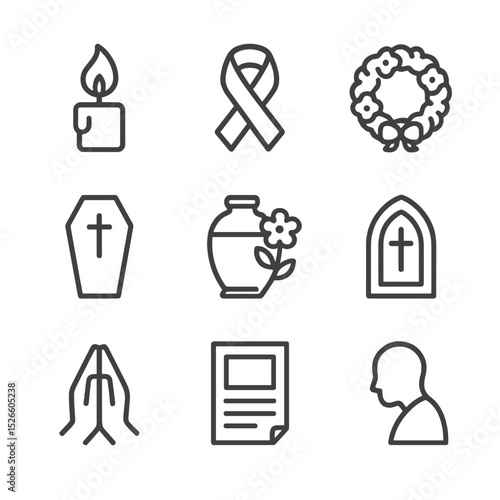 Grief Icons Set. Outline icon set of grief and mourning: candle flame, black ribbon, memorial wreath, coffin outline, urn with