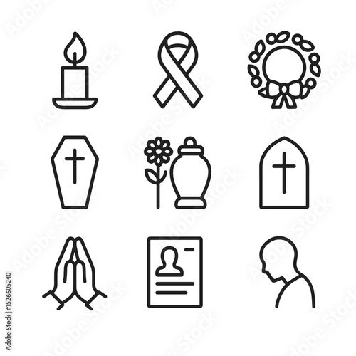 Grief Icons Set. Outline icon set of grief and mourning: candle flame, black ribbon, memorial wreath, coffin outline, urn with