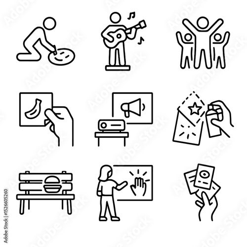 Guerrilla Marketing Icons. Outline icon set of guerrilla marketing tactics: chalk street art, pop-up performance, flash mob group,