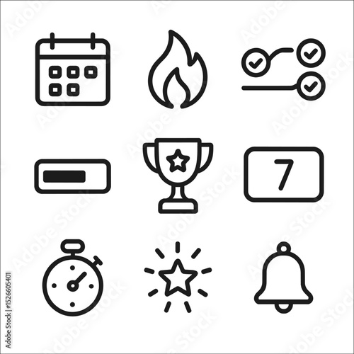 Habit Tracker Icons. Outline icon set of habit streak tracking: calendar grid, flame icon, checkmark chain, progress bar, trophy