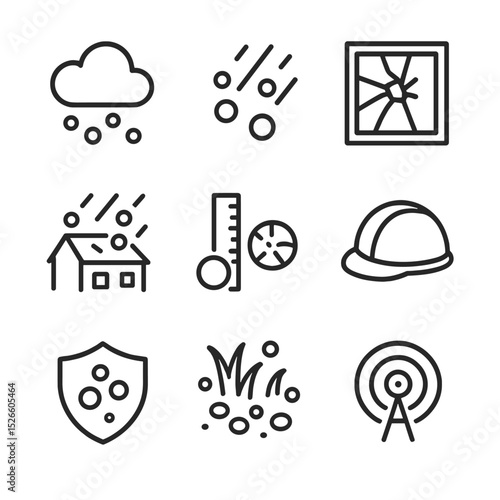 Hailstorm Icon Set. Outline icon set of hailstorms and ice pellets: cloud with hailstones, falling hail, shattered window, roof