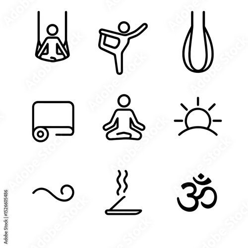 Hammock Yoga Icon Set. Outline icon set of hammock yoga poses: aerial hammock, dancer pose silhouette, hammock loop, yoga mat,