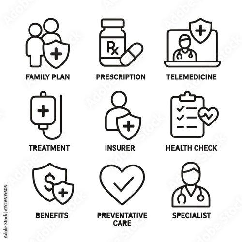 Health Insurance Icons. Outline icon set of health insurance services: family plan, prescription, telemedicine, treatment, insurer