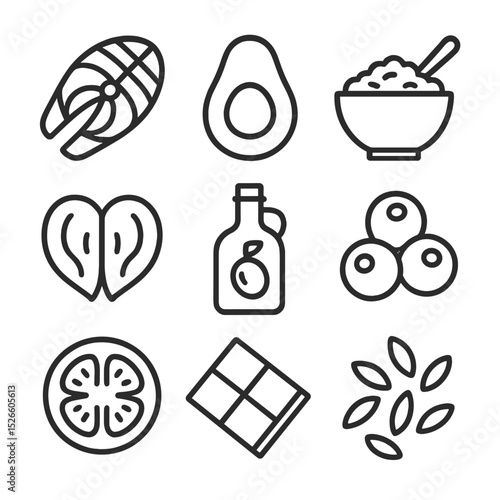 Heart-Healthy Icons Grid. Outline icon set of heart-healthy nutrition: salmon fillet, avocado half, oatmeal bowl, walnut pair,
