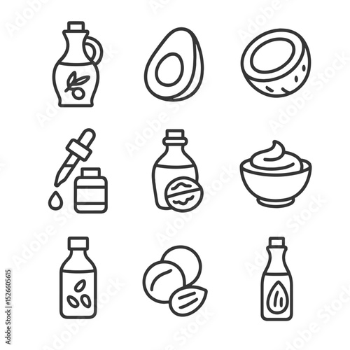 Healthy Oils Icons. Outline icon set of healthy oils and fats: extra virgin olive oil bottle, avocado half, coconut half, flax oil