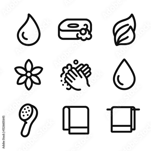 Herbal Cleanser Icons. Outline icon set of herbal facial cleansers: foam drop, soap bar, leaf swirl, water droplet, flower bloom,