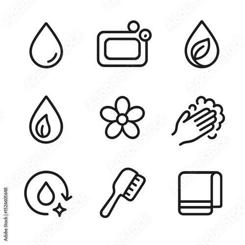 Herbal Cleanser Icons. Outline icon set of herbal facial cleansers: foam drop, soap bar, leaf swirl, water droplet, flower bloom,