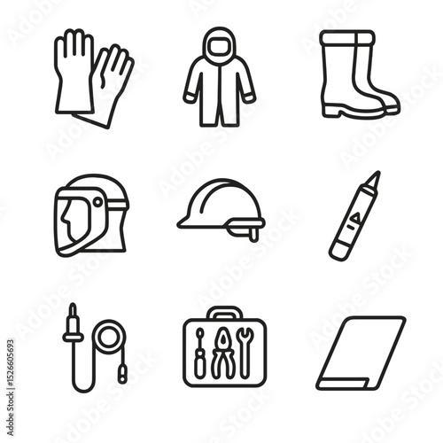 High-Voltage Safety Icons. Outline icon set of high-voltage safety PPE: insulating gloves, arc‐flash suit, dielectric boots, face