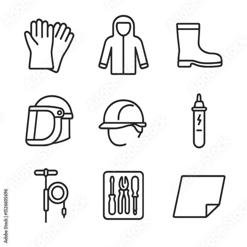 High-Voltage Safety Icons. Outline icon set of high-voltage safety PPE: insulating gloves, arc‐flash suit, dielectric boots, face