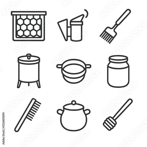 Honey Extraction Tools. Outline icon set of honey extraction equipment: honeycomb frame, smoker, uncapping fork, extractor drum,
