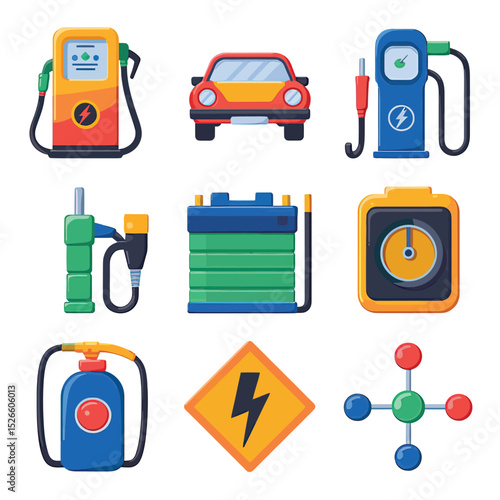 vector icons to vehicle fueling and charging a gasoline pump, an electric vehicle plug hydrogen mole