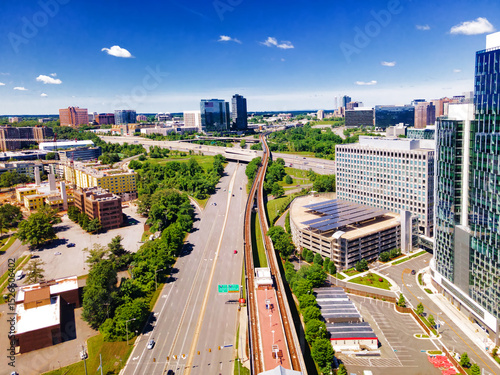 Metro station at the Modern Buildings in Tysons Corner, Fairfax County, Virginia, USA. View from a drone.