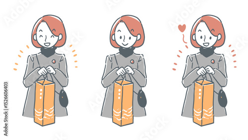 酒瓶入りのおみやげ袋を持っている女性のイラスト　セット