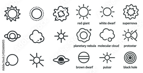 Astronomy icons set featuring stars, planets, and stellar phenomena