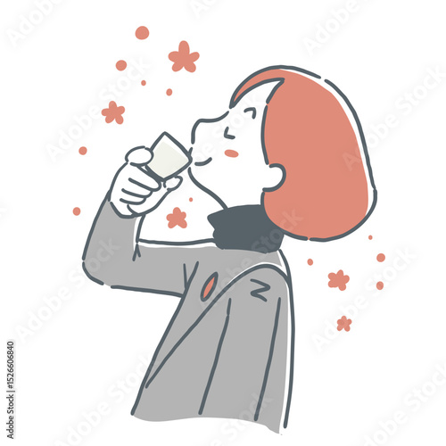 お猪口でお酒を飲んで気分がいい様子の女性のイラスト