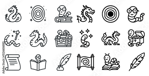 Fantasy icons: dragons, treasure, and magic books for design projects