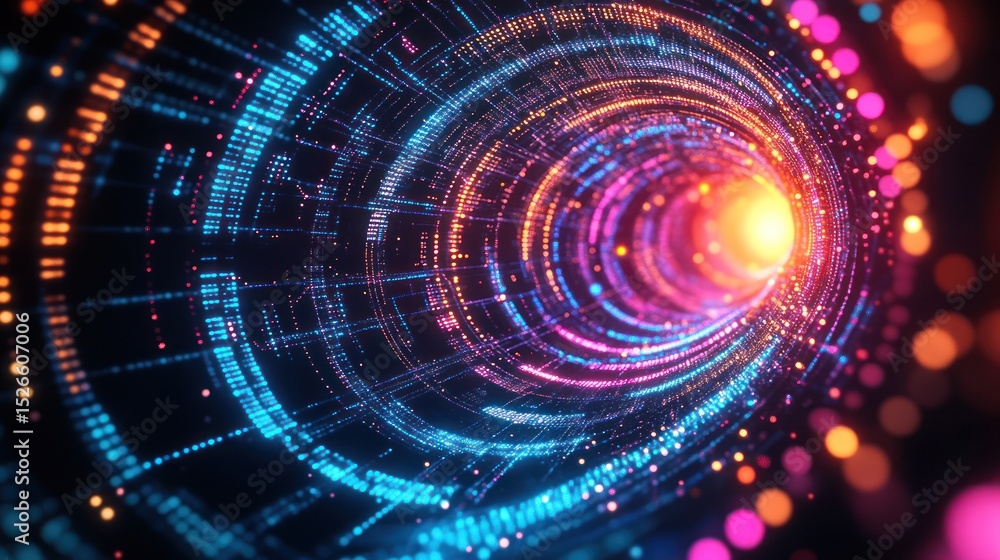Obraz premium Abstract digital tunnel with glowing lines and circles