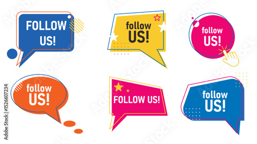 Playful bright follow us icons set. Social media subscription button. Conversational speech bubble with call to action, vector elements