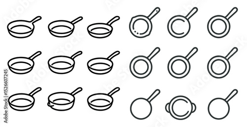 Set of frying pan icons in various styles for culinary design projects