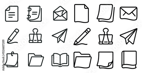 Office icons set with paper, envelopes, pens, and folders for stationery design