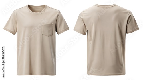 Beige Pocket T Shirt Front And Back On White Background
