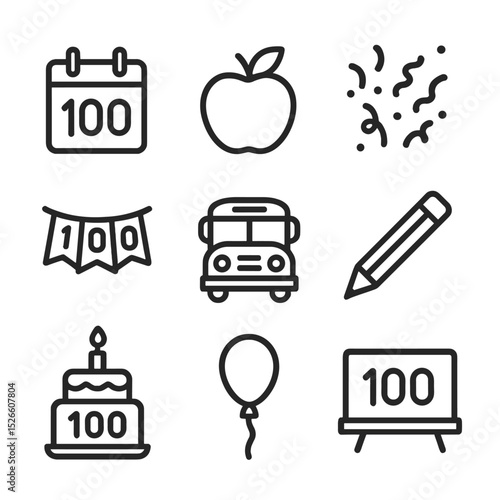 Hundredth Day Icon Set. Outline icon set of hundredth day of school milestone: calendar page, apple, confetti, milestone banner,