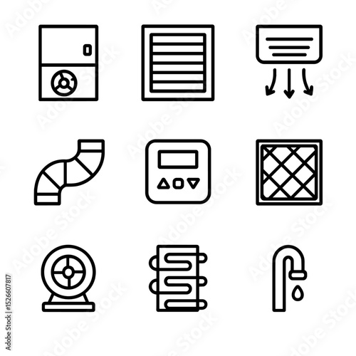 HVAC System Icons. Outline icon set of HVAC systems: furnace blower, return air vent, supply diffuser, ductwork, thermostat