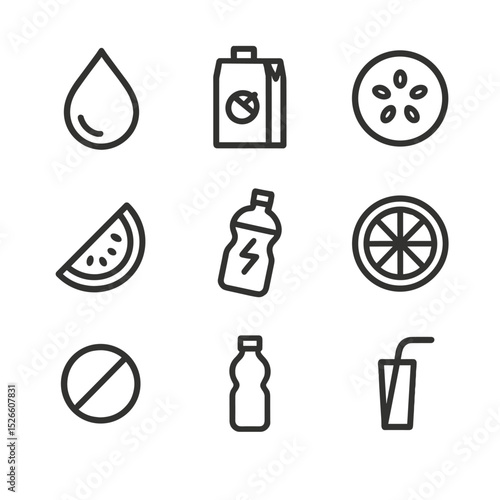 Hydration Icon Collection. Outline icon set of hydration and electrolyte balance: water droplet, coconut water carton, cucumber