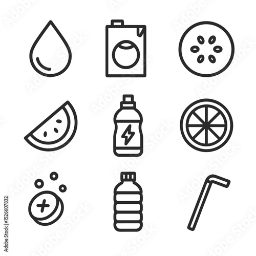 Hydration Icon Collection. Outline icon set of hydration and electrolyte balance: water droplet, coconut water carton, cucumber