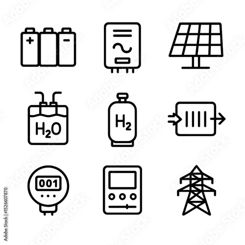 Hydrogen Microgrid Icons. Outline icon set of renewable-to-hydrogen microgrid: battery bank, inverter, solar array, electrolyzer,