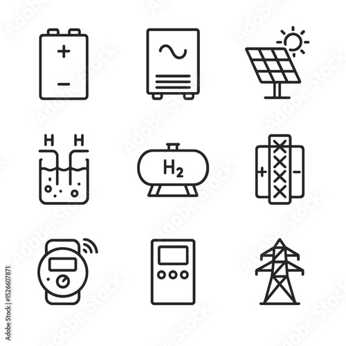 Hydrogen Microgrid Icons. Outline icon set of renewable-to-hydrogen microgrid: battery bank, inverter, solar array, electrolyzer,