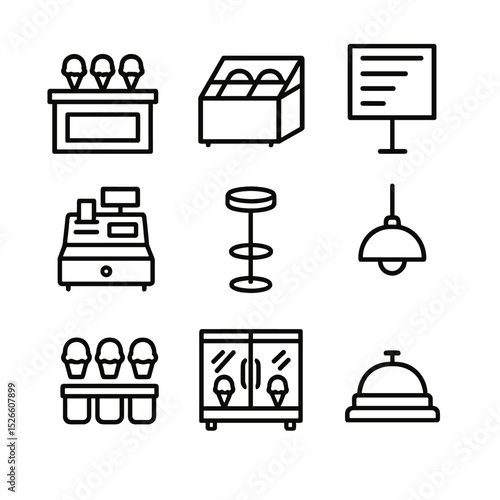 Ice Cream Shop Icons. Outline icon set of ice cream shop interior items: counter, display freezer, menu chalkboard, cash register,