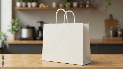 Simple White Paper Bag on Wooden Table - Minimalist Design