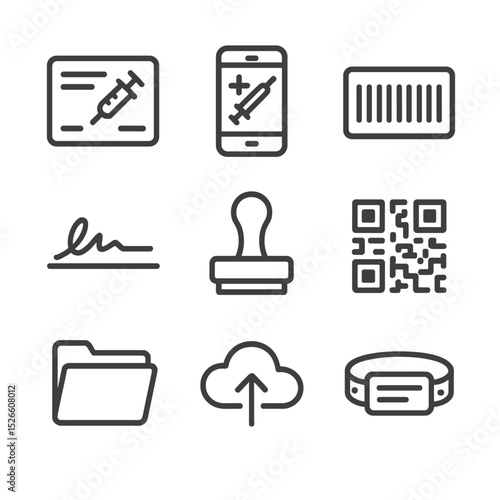 Immunization Icons Set. Outline icon set of immunization records: vaccination card, electronic health record, barcode label,