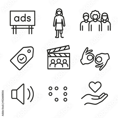 Inclusive Advertising Icons. Outline icon set of advertising and representation: billboard with caption, model with prosthetic,