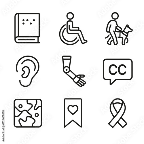 Inclusive Literary Icons. Outline icon set of literary characters with disabilities: book cover with braille, protagonist in