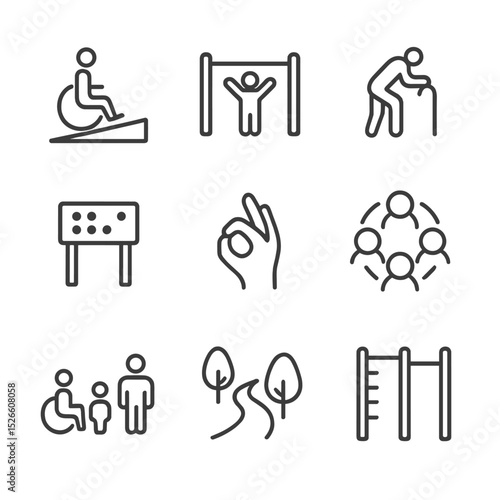 Inclusive Fitness Icons. Outline icon set of inclusive fitness stations: wheelchair ramp, child-friendly station, senior exercise