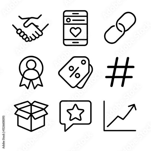 Influencer Icon Set. Outline icon set of influencer collaboration elements: partnership handshake, sponsored post, affiliate link,