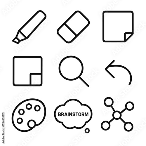 Interactive Whiteboard Icons. Outline icon set of interactive whiteboard session: marker, eraser, sticky note, shape tool, zoom