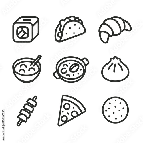 International Cuisine Icons. Outline icon set of foreign cuisine dishes: sushi roll, taco, croissant, curry bowl, paella pan,