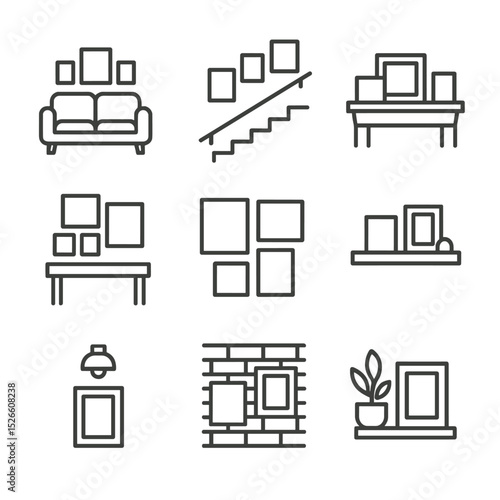 Interior Decor Frame Icons. Outline icon set of frames in interior décor: above sofa, staircase gallery, mantel display, entryway