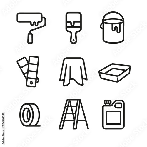 Interior Painting Icons. Outline icon set of interior painting: paint roller, paintbrush, paint can, color swatch, drop cloth,
