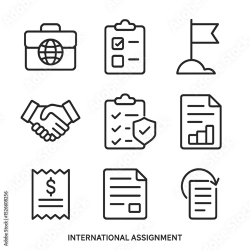 International Assignments Icons. Outline icon set of international assignments: project briefcase, assignment checklist, milestone