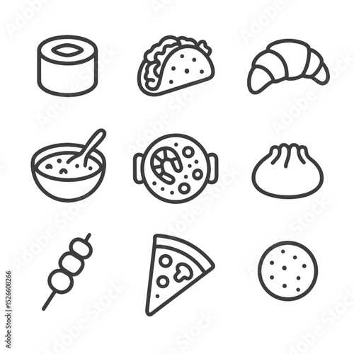International Cuisine Icons. Outline icon set of foreign cuisine dishes: sushi roll, taco, croissant, curry bowl, paella pan,