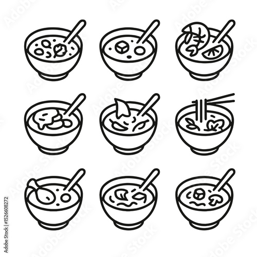 International Soup Icons. Outline icon set of international soup cuisines: minestrone, miso, tom yum, borscht, French onion,