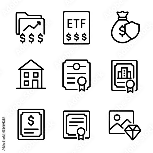 Investment Icon Set. Outline icon set of investment vehicles: mutual fund, exchange-traded fund, hedge fund, private equity, real