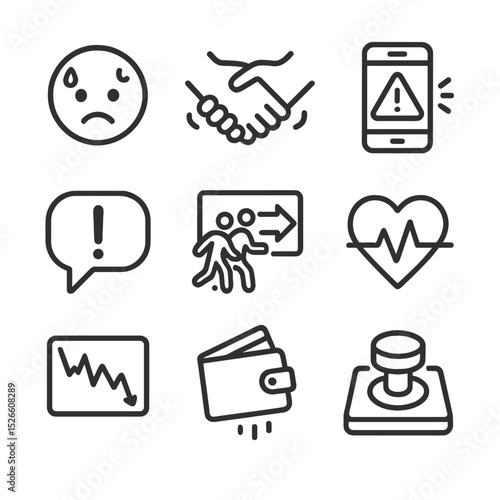 Investor Panic Icons. Outline icon set of investor panic: sweating face, shaking hands, mobile phone with crash alert, exclamation