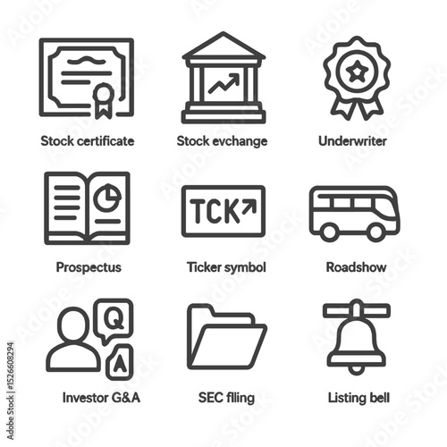 IPO Preparation Icons. Outline icon set of IPO preparation steps: stock certificate, stock exchange building, underwriter badge,