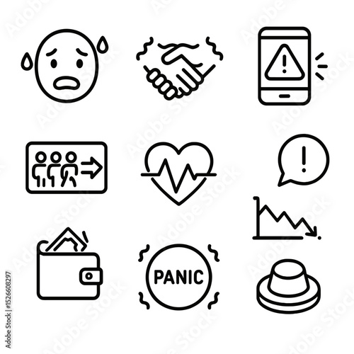 Investor Panic Icons. Outline icon set of investor panic: sweating face, shaking hands, mobile phone with crash alert, exclamation